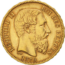 Belgio, Leopold II, 20 Francs, 20 Frank, 1870, BB+, Oro, KM:32