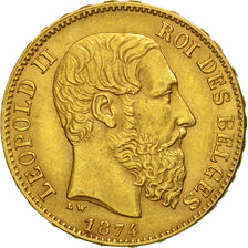 Belgio, Leopold II, 20 Francs, 20 Frank, 1874, BB+, Oro, KM:37