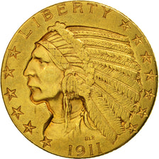 États-Unis, Indian Head, $5, Half Eagle, 1911, Philadelphia, TTB+, KM 129