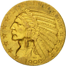 États-Unis, Indian Head, $5, Half Eagle, 1908, Philadelphie, TTB+, KM 129