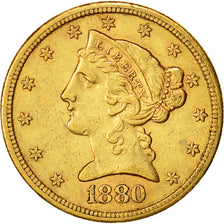 Monnaie, États-Unis, Coronet Head, $5, Half Eagle, 1880, U.S. Mint, San