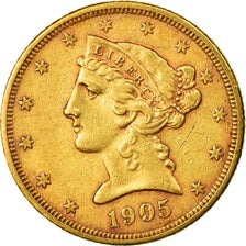 Munten, Verenigde Staten, Coronet Head, $5, Half Eagle, 1905, U.S. Mint, San