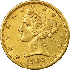 Moeda, Estados Unidos da América, Coronet Head, $5, Half Eagle, 1902, U.S.