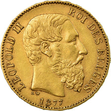 Moeda, Bélgica, Leopold II, 20 Francs, 20 Frank, 1877, AU(50-53), Dourado