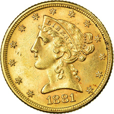 Moeda, Estados Unidos da América, Coronet Head, $5, Half Eagle, 1881, U.S.