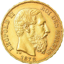 Moeda, Bélgica, Leopold II, 20 Francs, 20 Frank, 1878, AU(55-58), Dourado