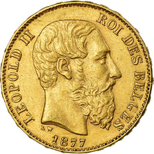 Moeda, Bélgica, Leopold II, 20 Francs, 20 Frank, 1877, AU(55-58), Dourado