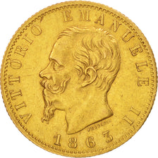 Moneda, Italia, Vittorio Emanuele II, 20 Lire, 1863, Torino, MBC+, Oro, KM:10.1