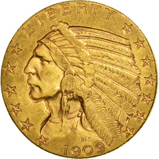 Coin, United States, Indian Head, $5, Half Eagle, 1909, U.S. Mint, Denver