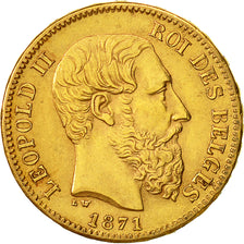 Bélgica, Leopold II, 20 Francs, 20 Frank, 1871, MBC+, Oro, KM:37