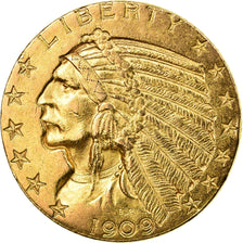 Coin, United States, Indian Head, $5, Half Eagle, 1909, U.S. Mint, Denver