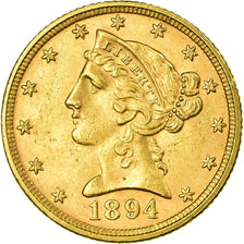 Moneta, USA, Coronet Head, $5, Half Eagle, 1894, Philadelphia, AU(55-58)