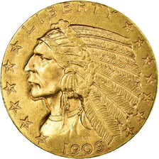 Moneta, USA, Indian Head, $5, Half Eagle, 1909, San Francisco, AU(50-53)