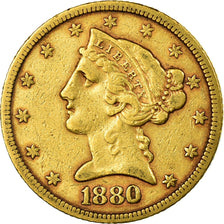 Moneta, USA, Coronet Head, $5, Half Eagle, 1880, Philadelphia, EF(40-45)