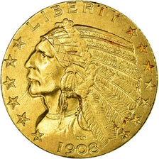 Moneta, Stati Uniti, Indian Head, $5, Half Eagle, 1908, Philadelphia, BB, Oro