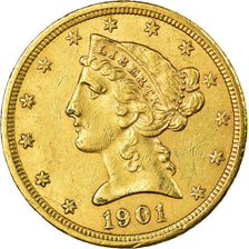 Moneta, USA, Coronet Head, $5, Half Eagle, 1901, San Francisco, AU(50-53)