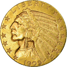 Munten, Verenigde Staten, Indian Head, $5, Half Eagle, 1909, Denver, ZF+, Goud