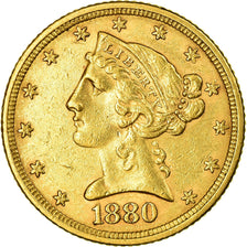 Moeda, Estados Unidos da América, Coronet Head, $5, Half Eagle, 1880