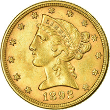 Moneta, USA, Coronet Head, $5, Half Eagle, 1892, Philadelphia, AU(55-58)