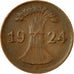 Coin, GERMANY, WEIMAR REPUBLIC, Reichspfennig, 1924, Munich, EF(40-45), Bronze