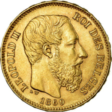 Moeda, Bélgica, Leopold II, 20 Francs, 20 Frank, 1869, MS(63), Dourado, KM:32