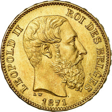 Moeda, Bélgica, Leopold II, 20 Francs, 20 Frank, 1871, MS(60-62), Dourado