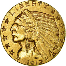 Moneta, USA, Indian Head, $5, Half Eagle, 1912, U.S. Mint, Philadelphia