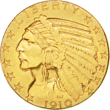 Stati Uniti, Indian Head, $5, Half Eagle, 1910, U.S. Mint, Denver, BB+, Oro,...