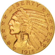 United States, Indian Head,$5, Half Eagle,1915, Philadelphia, AU(50-53), KM 129