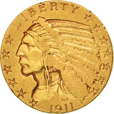 United States, Indian Head, $5, Half Eagle, 1911,Philadelphia, AU (50-53),KM 129