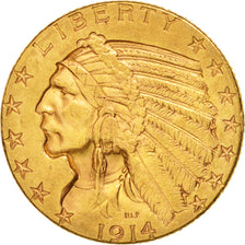 États-Unis, Indian Head, $5, Half Eagle, 1914, Denver, TTB+, Or, KM 129