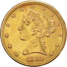 Coin, United States, Coronet Head, $5, Half Eagle, 1881, Philadelphia