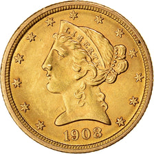 Munten, Verenigde Staten, Coronet Head, $5, Half Eagle, 1908, U.S. Mint