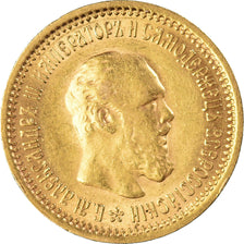 Moneda, Rusia, Alexander III, 5 Roubles, 1889, St. Petersburg, MBC+, Oro, KM:42