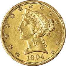 Moneta, USA, Coronet Head, $5, Half Eagle, 1904, U.S. Mint, Philadelphia