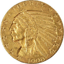 Monnaie, États-Unis, Indian Head, $5, Half Eagle, 1908, U.S. Mint