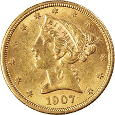 Moneta, USA, Coronet Head, $5, Half Eagle, 1907, U.S. Mint, Philadelphia