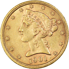 Monnaie, États-Unis, Coronet Head, $5, Half Eagle, 1901, U.S. Mint