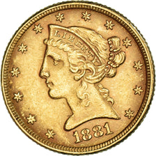 Monnaie, États-Unis, Coronet Head, $5, Half Eagle, 1881, U.S. Mint