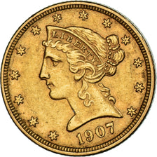 Monnaie, États-Unis, Coronet Head, $5, Half Eagle, 1907, U.S. Mint, Denver