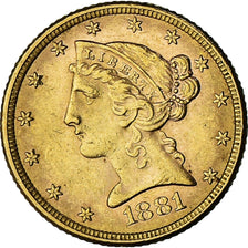 Coin, United States, $5, Half Eagle, 1881, Philadelphia, AU(55-58), Gold, KM:101