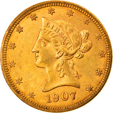 Moneda, Estados Unidos, Coronet Head, $10, Eagle, 1907, Philadelphia, MBC+, Oro