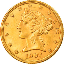 Moneda, Estados Unidos, Coronet Head, $5, Half Eagle, 1907, U.S. Mint, Denver