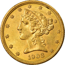 Moeda, Estados Unidos da América, Coronet Head, $5, Half Eagle, 1908, U.S.