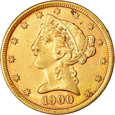 Moeda, Estados Unidos da América, Coronet Head, $5, Half Eagle, 1900, U.S.