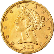 Moeda, Estados Unidos da América, Coronet Head, $5, Half Eagle, 1908, U.S.