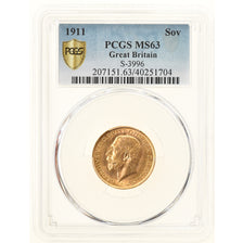 Moneda, Gran Bretaña, George V, Sovereign, 1911, London, PCGS, MS63, SC, Oro