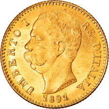 Moeda, Itália, Umberto I, 20 Lire, 1891, Rome, MS(60-62), Dourado, KM:21