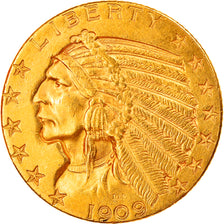 Coin, United States, Indian Head, $5, Half Eagle, 1909, U.S. Mint, Denver