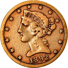 Moneta, Stati Uniti, Coronet Head, $5, Half Eagle, 1892, U.S. Mint, San